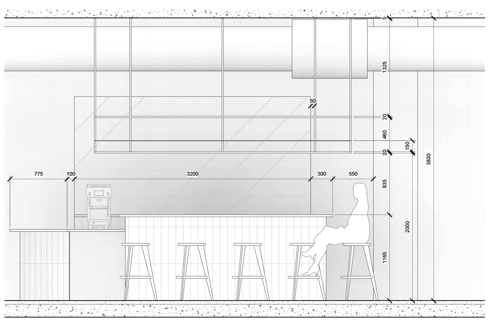 Coupe cotée du bar et de la structure en laiton suspendue