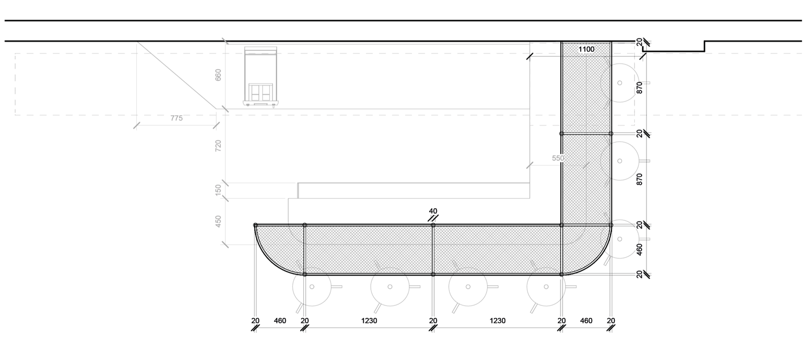 Plan de l'îlot bar en L, fixé au mur en partie droite