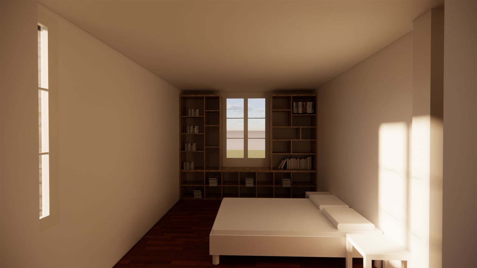 Chambre avec bibliothèque intégrée, image de synthèse