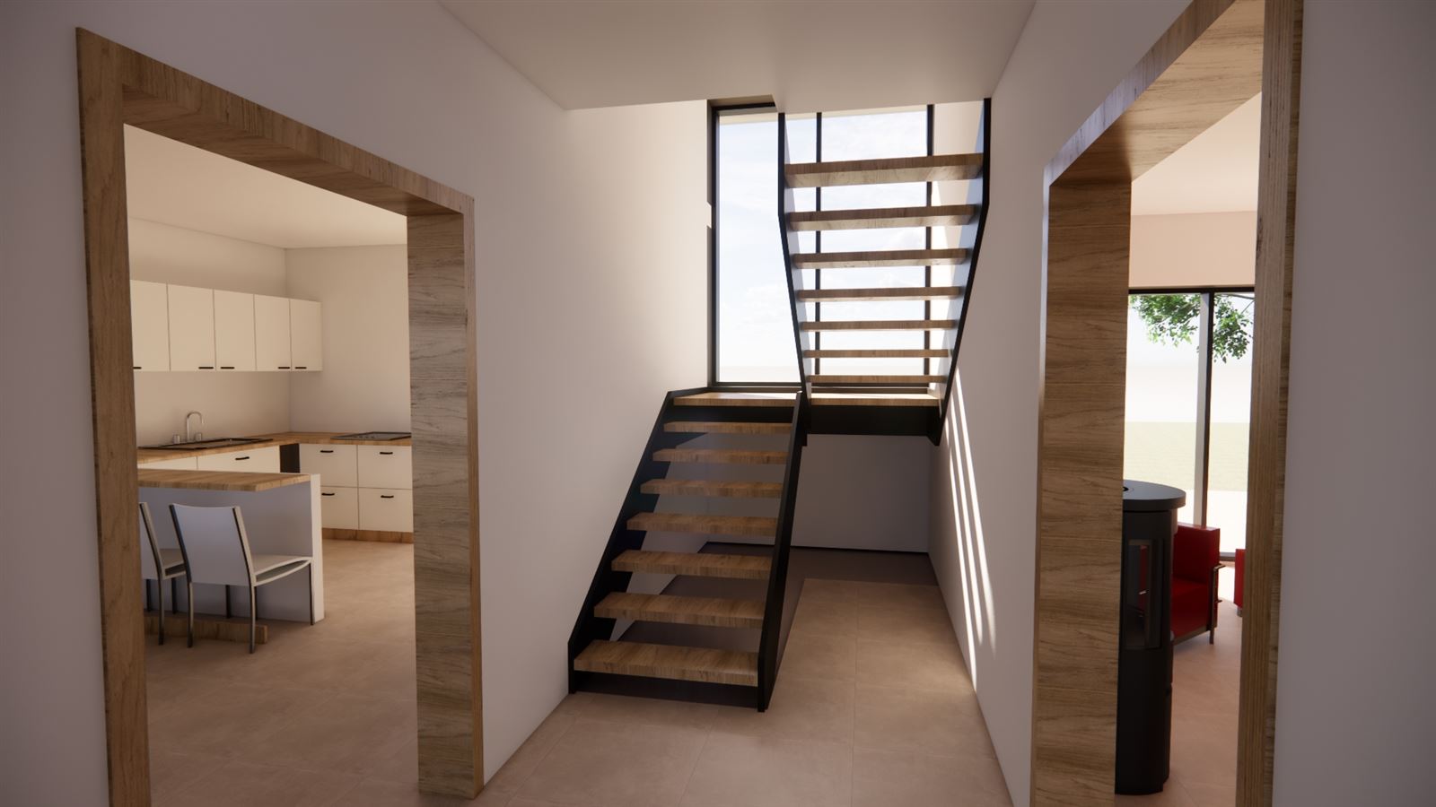 Cage d'escalier, cuisine et séjour, image de synthèse
