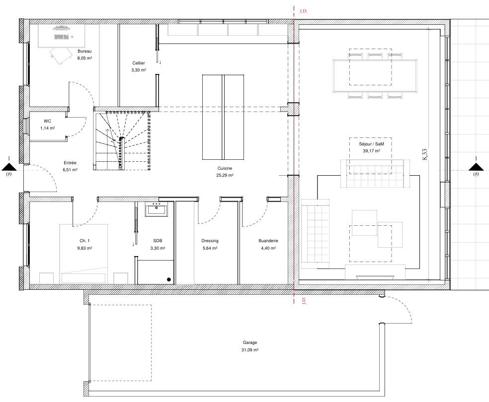 Plan du projet, avec l'extension et son séjour ouvert sur le jardin