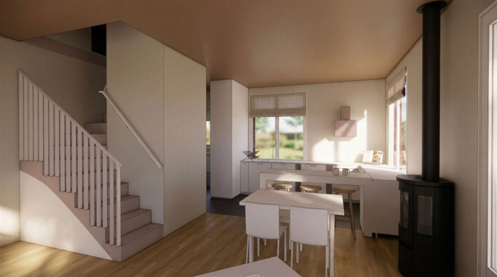 Maison 1, séjour et cuisine, image de synthèse