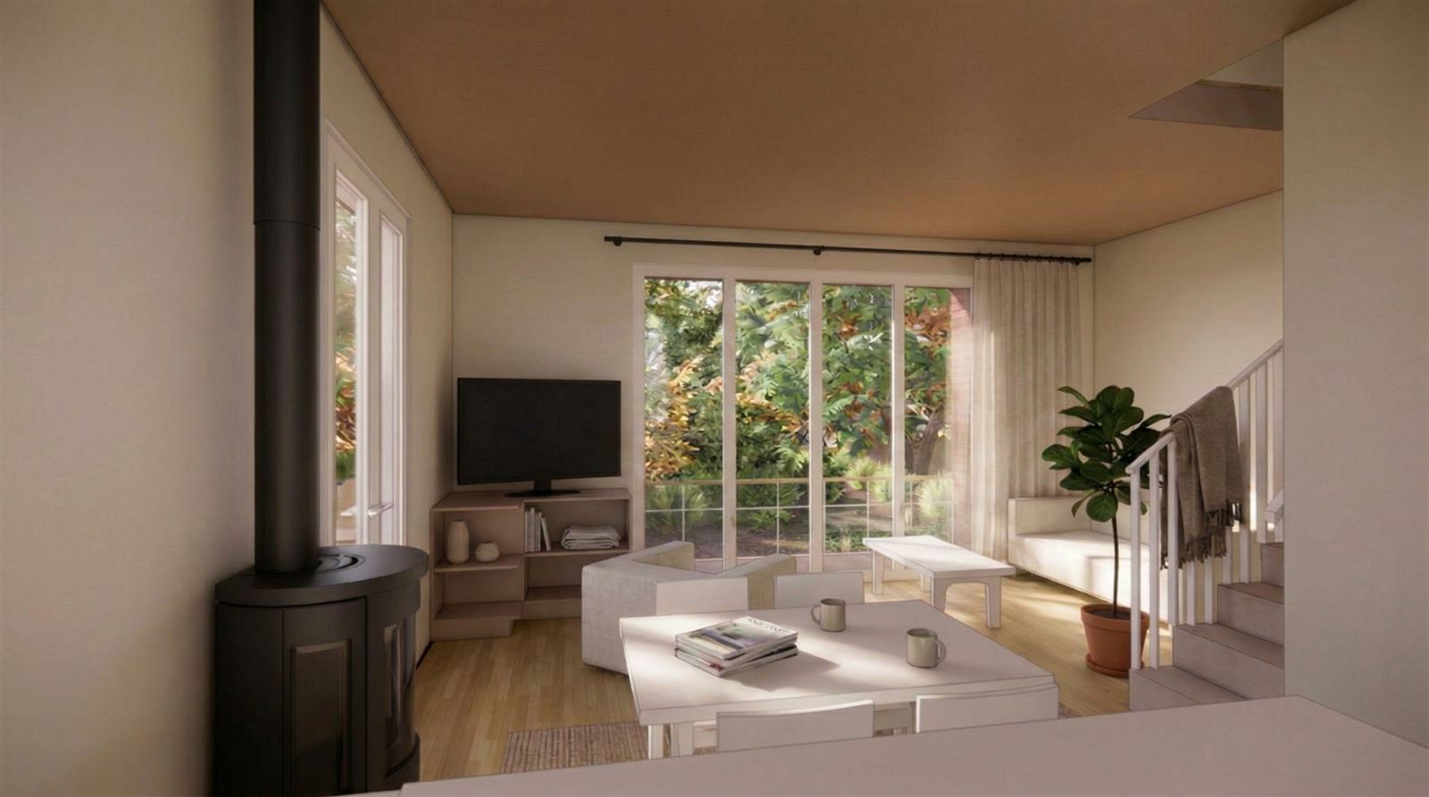 Maison 1, séjour et cuisine, image de synthèse